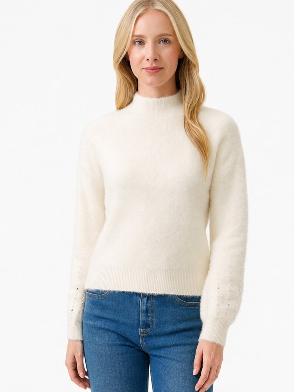 NWT Philosophy Ivory Mock Turtleneck Sweater Beaded Sleeves – Size M